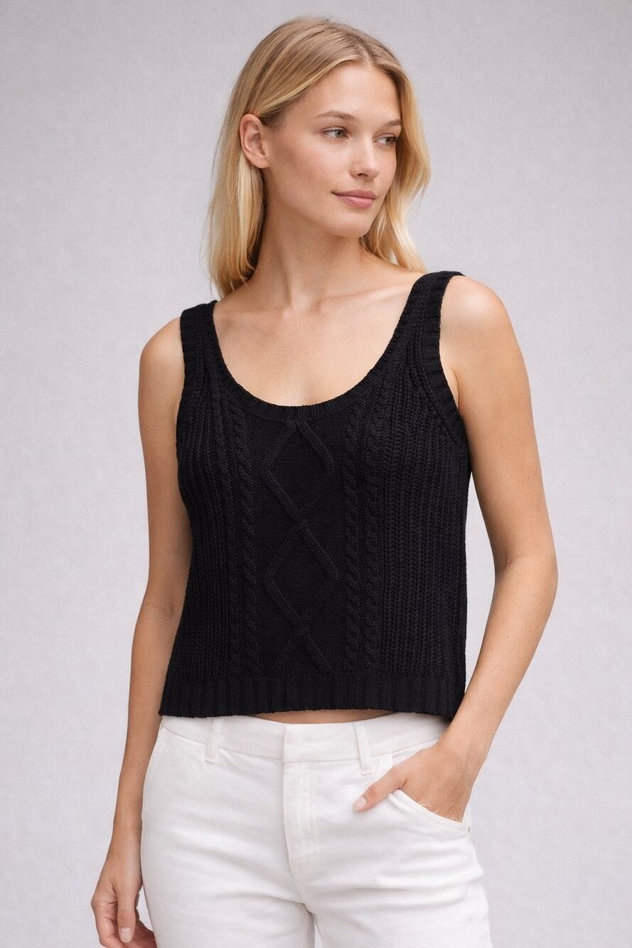 W Cashmere Cable Knit Sweater Tank Black Cropped Vest Cotton S Quiet Luxury Chic